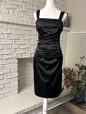 Vintage Le Chateau Black Satin Ruched Square Neck Cocktail Dress Size Small EUC!